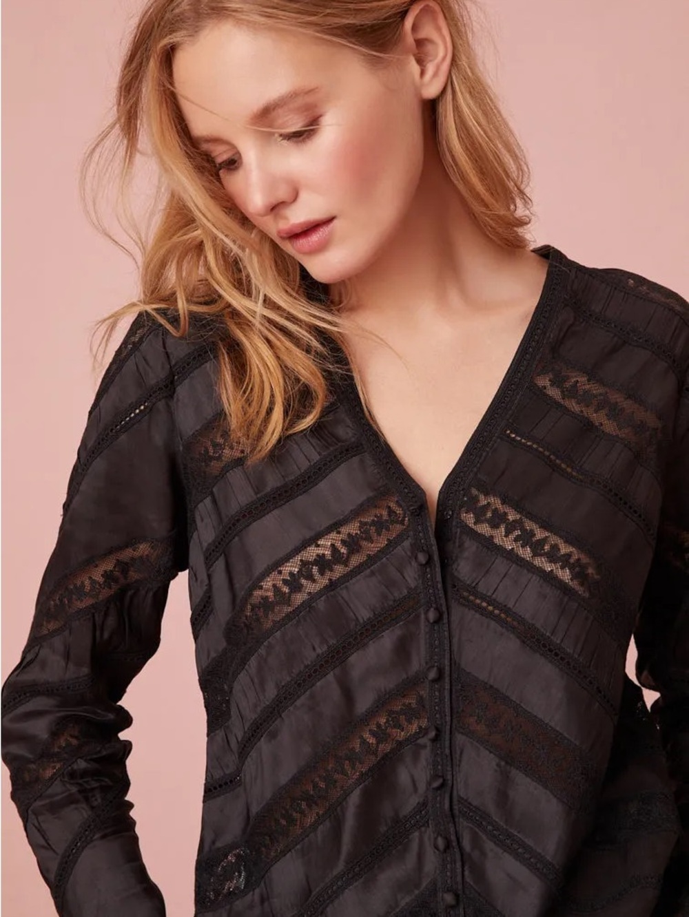 LoveShackFancy Black Lace-Trim Button Front Blouse